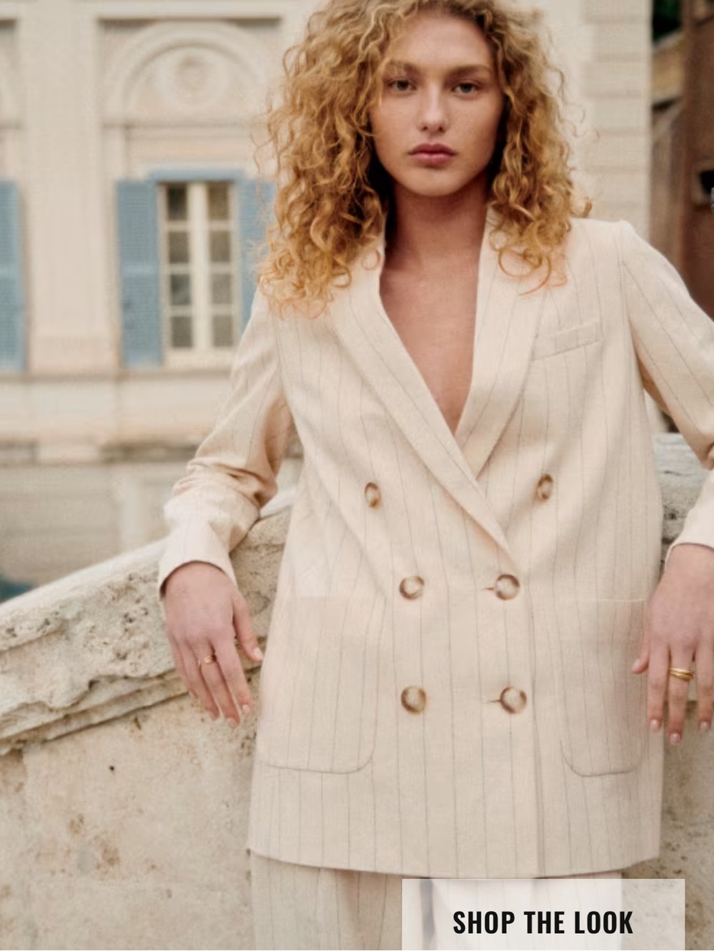 Sezane Cream Pinstripe Double-Breasted Blazer